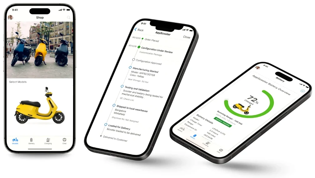 Scooter shop, order tracking and battery app screens we designed